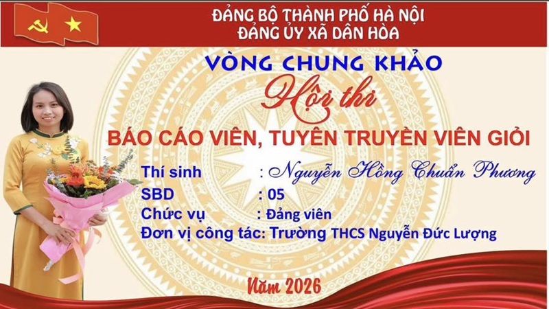 Trường THCS Nguyễn Đức Lượng chúc mừng đồng chí Nguyễn Hồng Chuẩn Phương đạt giải Ba trong Hội thi báo cáo viên, tuyên truyền viên giỏi xã Dân Hòa năm 2026