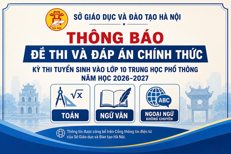 Đề thi và Đáp án chính thức các môn Toán, Ngữ văn, Ngoại ngữ không chuyên Kỳ thi tuyển sinh vào lớp 10 trung học phổ thông năm học 2026-2027 của Sở Giáo dục và Đào tạo Hà Nội.